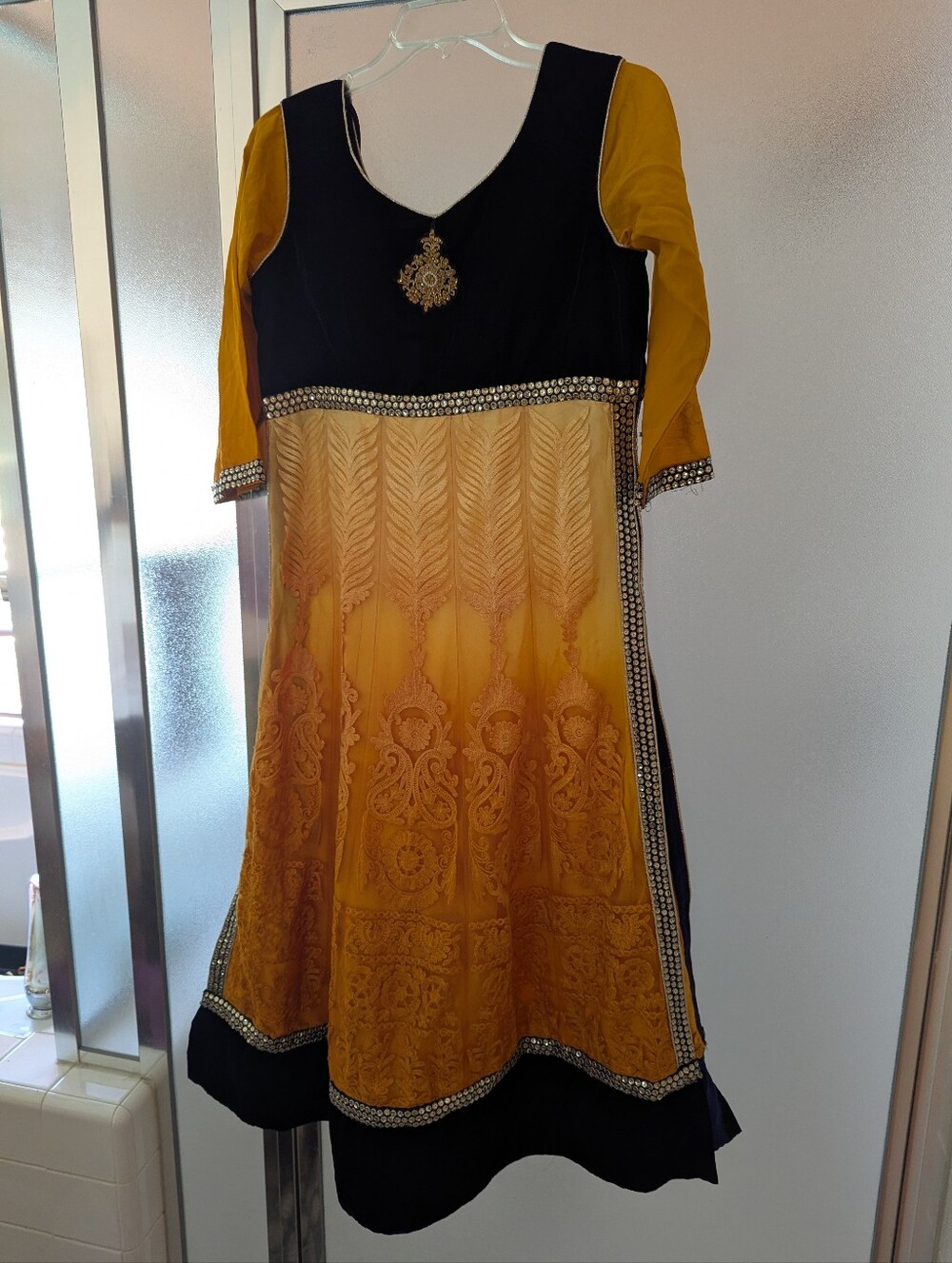 Elegant Black & Mustard Embroidered Women’s Dress With Leggings And Dupatta